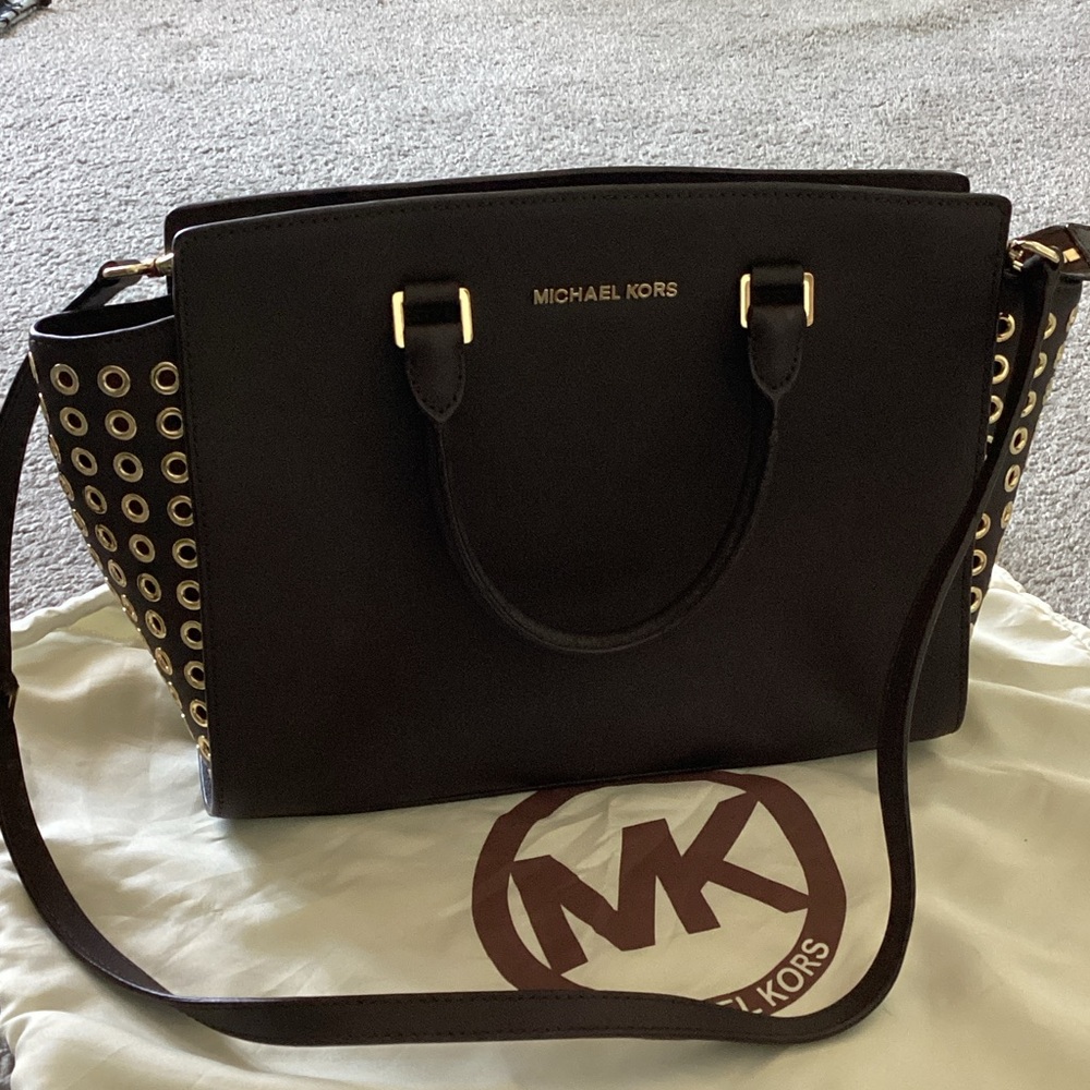 Michael Kors Dark Brown Satchel with Gold Eyelet Trim